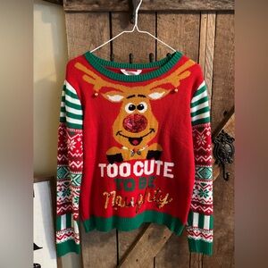 No Boundaries Festive Reindeer Sweater - Red, Green, White